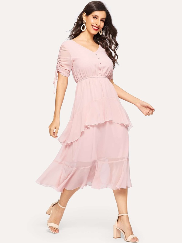 

Drawstring Gathered Sleeve Layered Fit & Flare Dress, Pink, Jeane