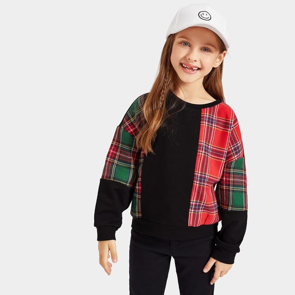 

Girls Drop Shoulder Plaid Sweatshirt