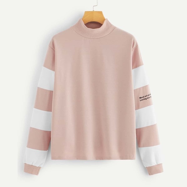 

Color Block Mock Neck Pullover, Pink