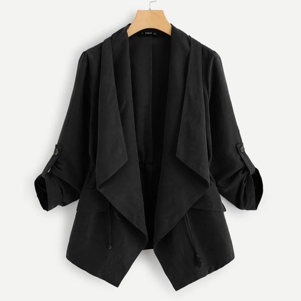 

Roll Up Sleeve Drawstring Waterfall Coat