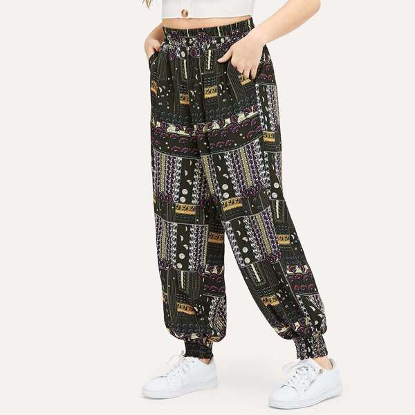 

Plus Elastic Waist Mixed Print Pants