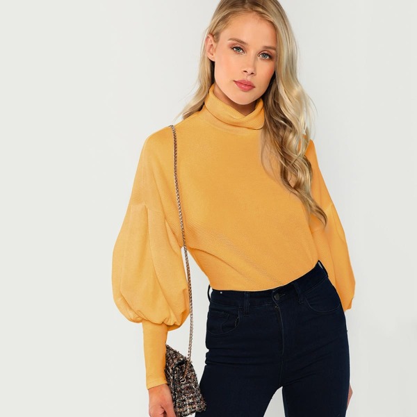 

Drop Shoulder Leg-of-mutton Sleeve Solid Pullover