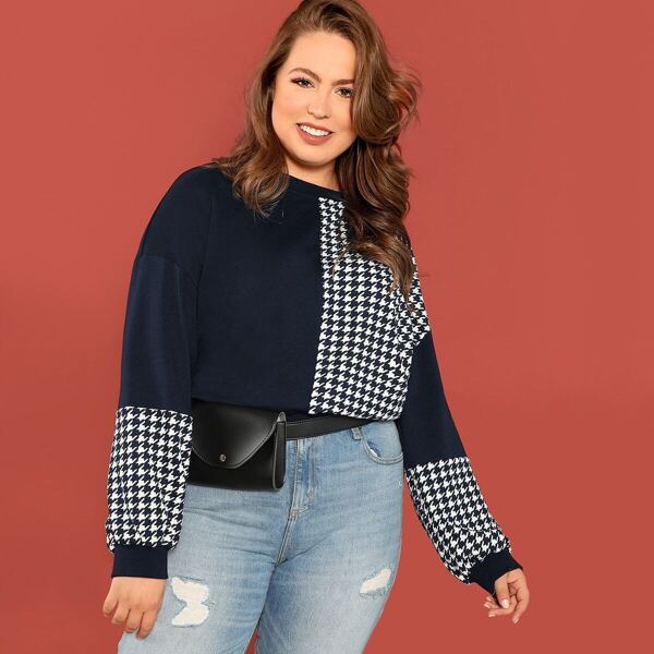 

Plus Cut-and-sew Houndstooth Pullover