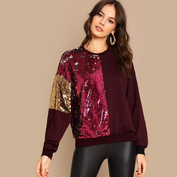 

Sequins Contrast Color Block Pullover