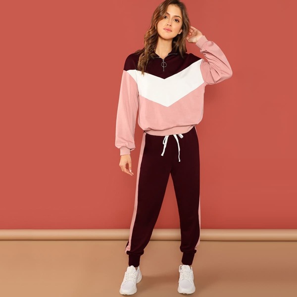 

Color-block Half Zip Placket Pullover & Pants Set