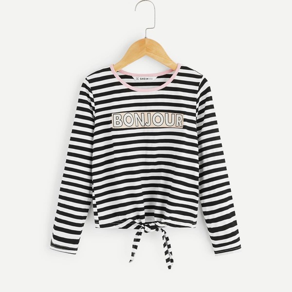 

Girls Knot Front Letter Print Striped Tee