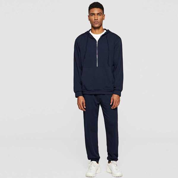 

Men Zip Half Placket Hoodie & Pants Set