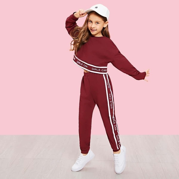 

Girls Lettering Tape Crop Pullover & Pants Set