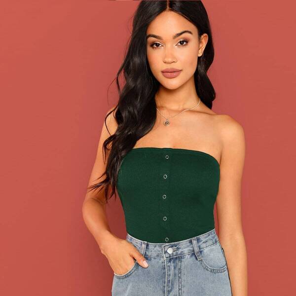 

Button Front Ribbed Knit Tube Top