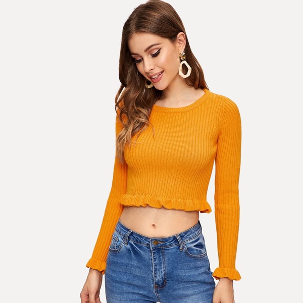 

Ruffle Trim Crop Fitted Sweater