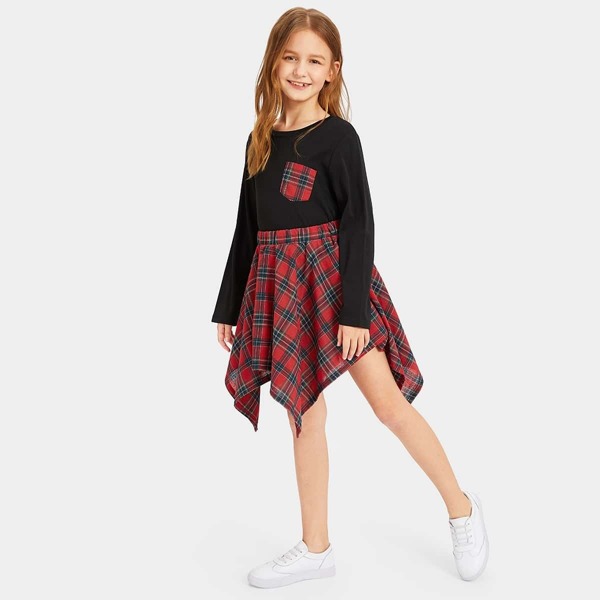 

Girls Pocket Patched Tee & Asymmetrical Plaid Skirt Set