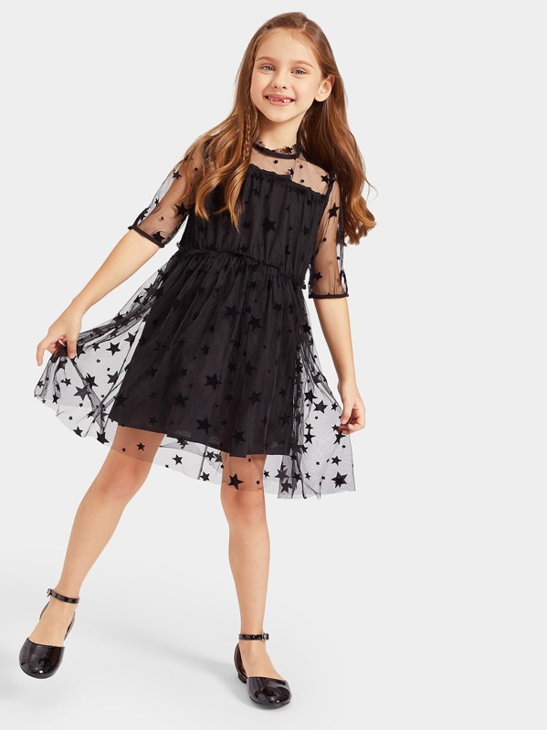 

Girls Mesh Overlap Frill Detail Dress, Black, Anna C