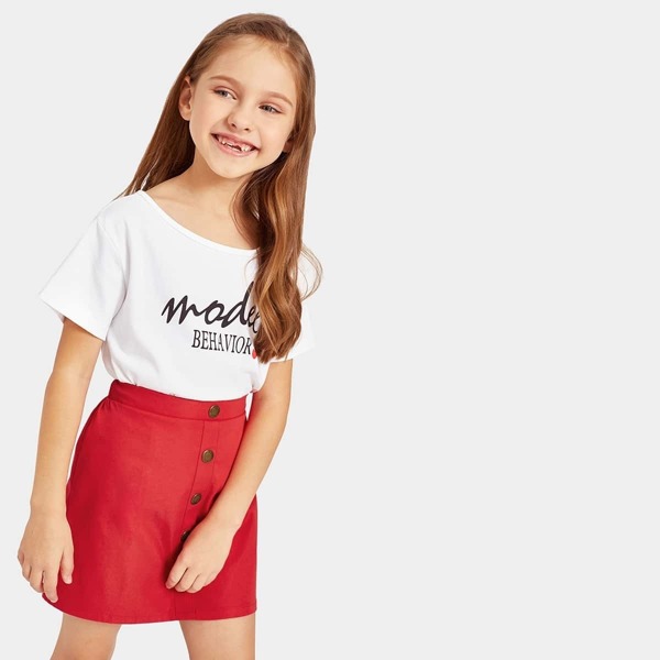 

Girls Letter Print Tee & Buttoned Skirt Set