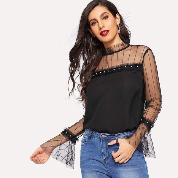

Mesh Yoke Pearl Beaded Frilled Blouse