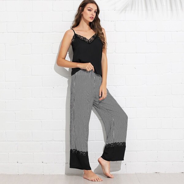 

Lace Insert Cami Top & Pinstripe Pants PJ Set