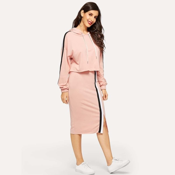 

Color-block Sleeve Hoodie & Slit Skirt Set, Pink