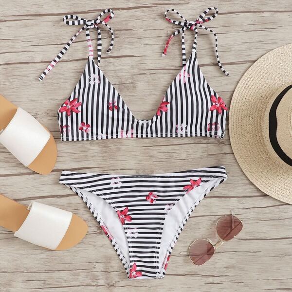 

Random Floral & Striped Top With Low Rise Bikini