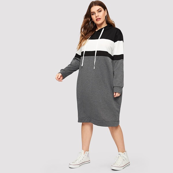 

Plus Colorblock Drawstring Hoodie Dress, Multicolor