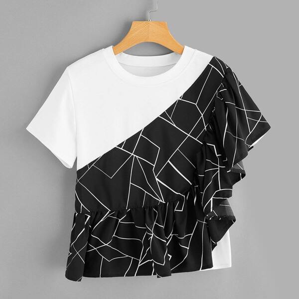 

Geo Print Ruffle Trim Spliced Tee