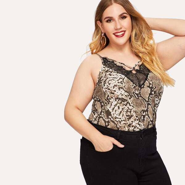 

Plus Contrast Lace Snake Print Cami Top, Multicolor