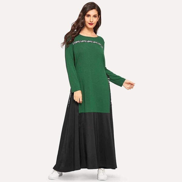 

Contrast Letter Ribbon Knot-side Longline Dress, Green