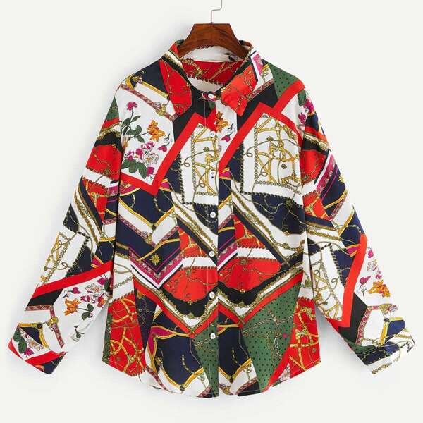 

Plus Chain Print Single-breasted Blouse
