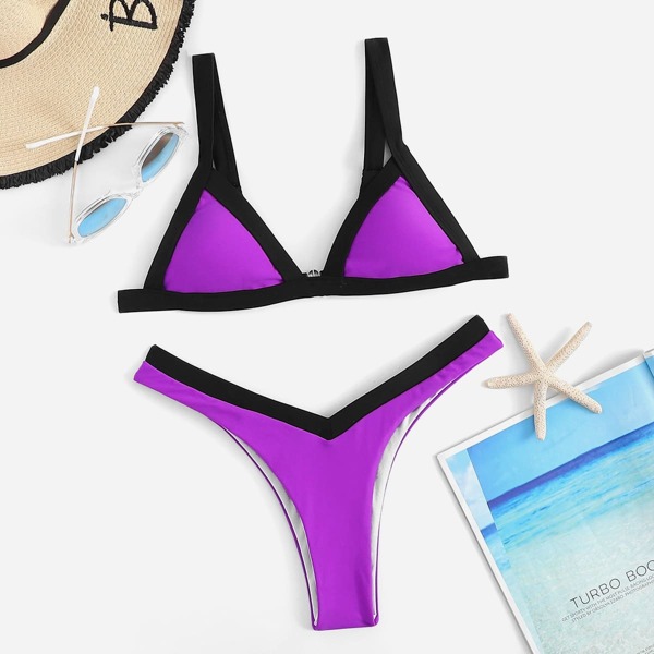 

Contrast Trim Top With High Leg Bikini Set