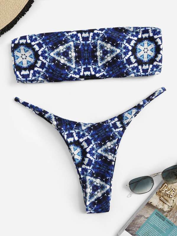

Tie Dye Bandeau With Low Rise Bikini, Navy