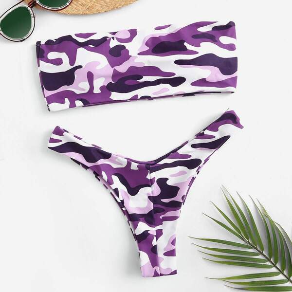 

Camouflage Bandeau High Cut Bikini Swimsuit, Purple