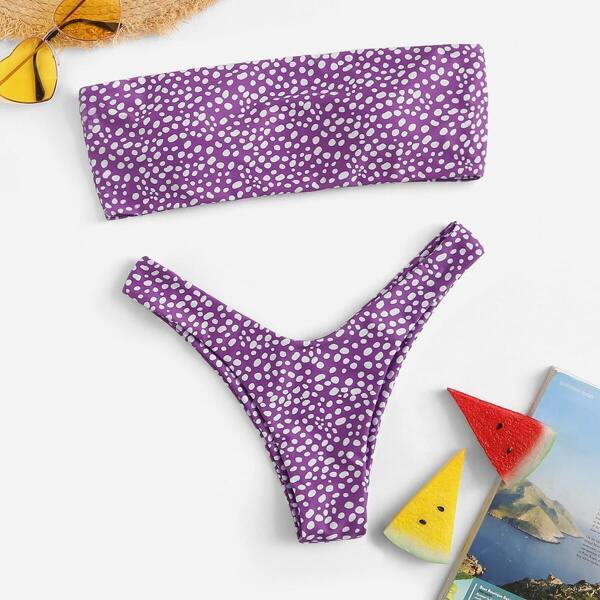 

Dot Print Bandeau With High Cut Bikini Set
