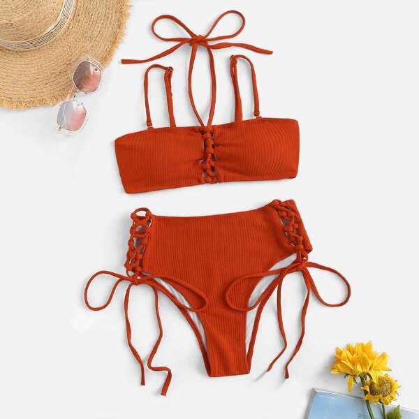 

Lace-up Halter Top With High Waist Bikini Set