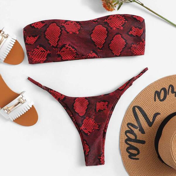 

Snakeskin Print Bandeau With High Leg Bikini Set