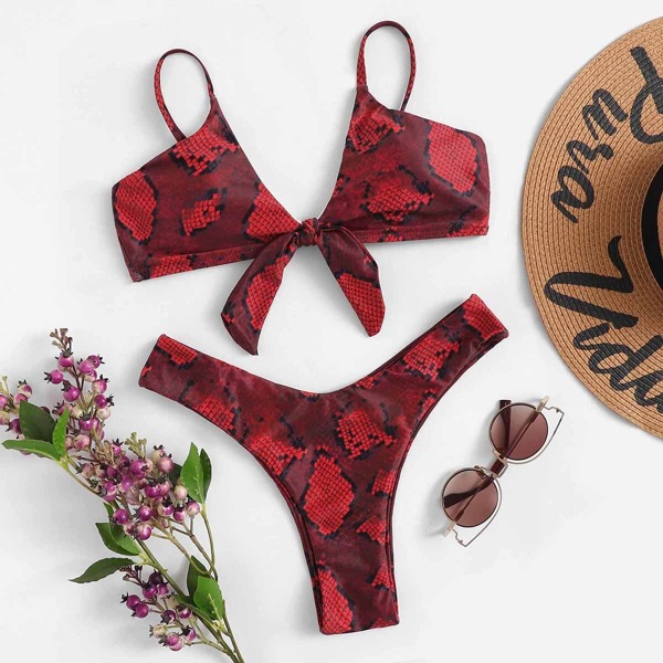 

Snakeskin Print Top With High Leg Bikini Set