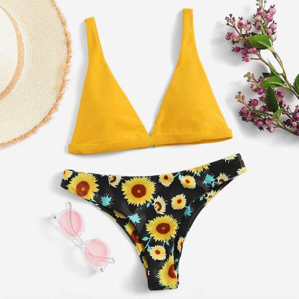 

Plunging Top With Random Floral Bikini Set