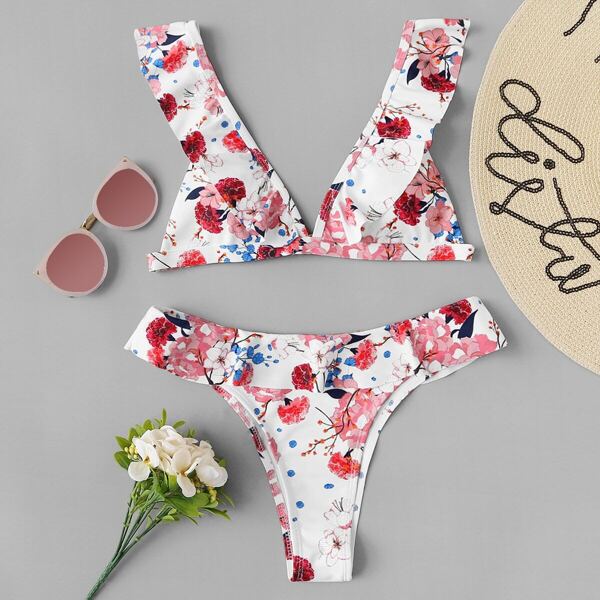 

Random Floral Top With Ruffle Trim Bikini