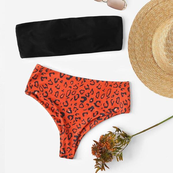 

Solid Bandeau With Leopard Bikini Set