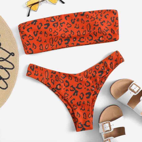

Leopard Print Bandeau With High Leg Bikini