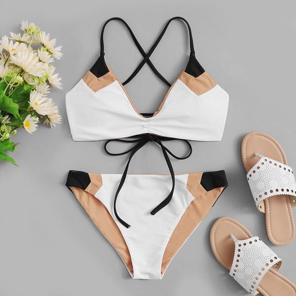

Lace-up Back Top With Color-block Bikini, Multicolor