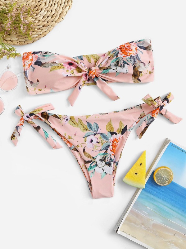 

Random Knot Back Bandeau Top With Tie Side Bikini Set, Pink