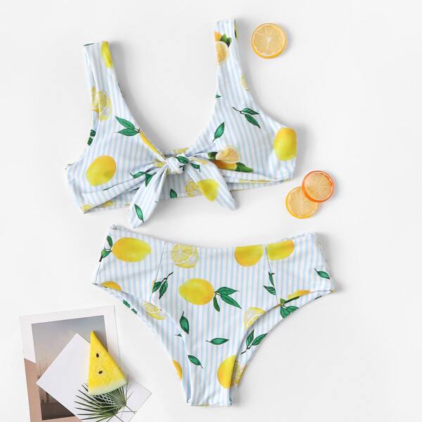 

Random Striped and Lemon Print Knot Bikini Set, Multicolor