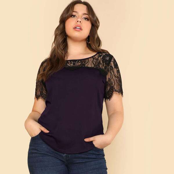 

Plus Curved Hem Lace Insert Top