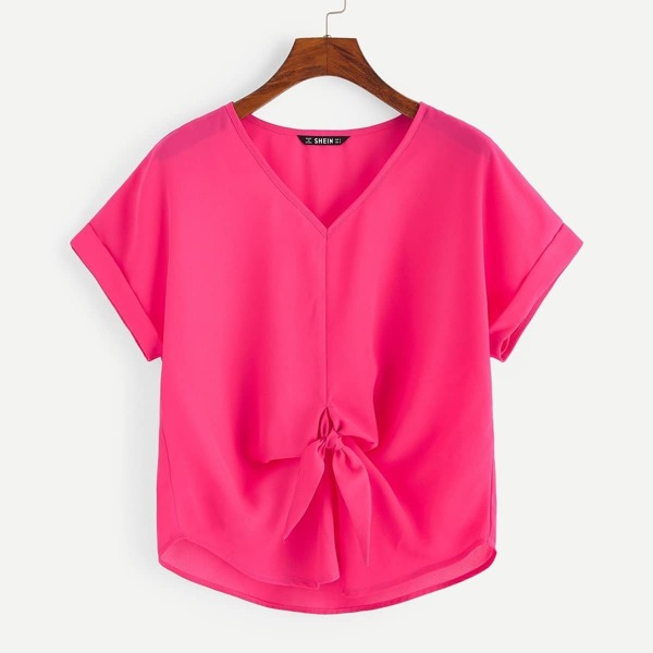 

Cuffed Sleeve Knot Front Neon Pink Top