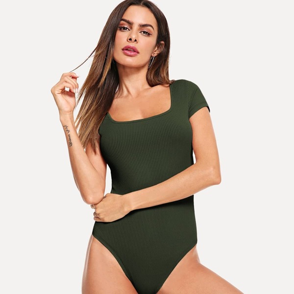 

Square Neck Rib-knit Tee Bodysuit, Army green
