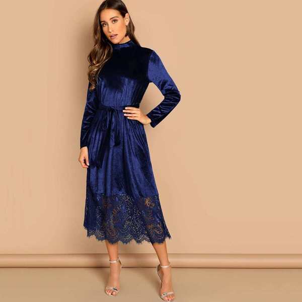 

Eyelash Lace Hem Belted Velvet Dress