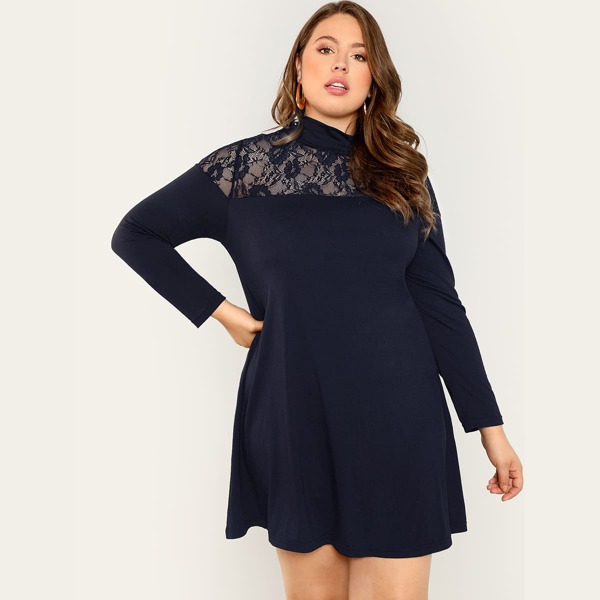 

Plus Lace Yoke High Neck Swing Dress
