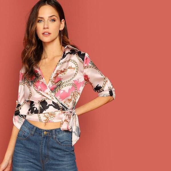 

Chain Print Roll Tab Sleeve Wrap Top