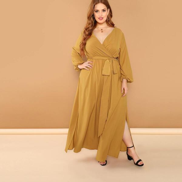 

Plus Surplice Neck Balloon Sleeve Belted Split Dress, Yellow