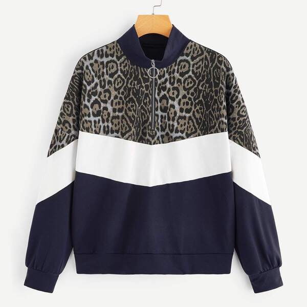 

Cut-and-sew Zip Half Placket Leopard Sweatshirt, Multicolor