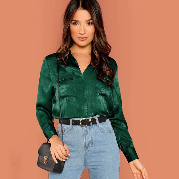 

Flap Pocket V Neck Satin Top, Green