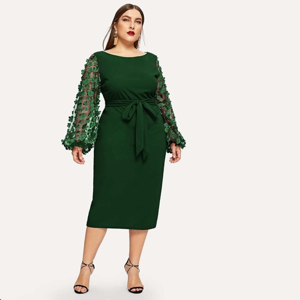

Plus 3D Appliques Mesh Balloon Sleeve Dress With Belt